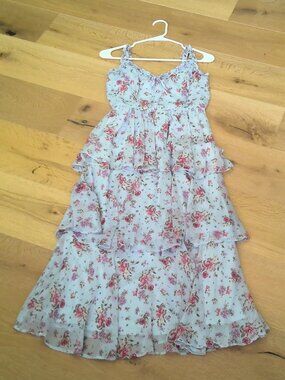 Blue Floral Tiered Midi Dress Pink Flowers Spaghetti Straps Size Small